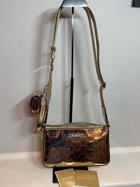 Michael Kors Jet Set Small Metallic Logo Debossed Crossbody Bag